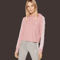FELPA CON CAPPUCCIO DA DONNA ADIDAS ESSENTIALS ROSSA CON STRISCE LATERALI